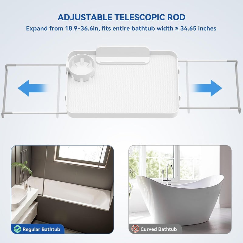 CLESOO Bathtub Tray for Large Soaking Tub Table Tray Expandable Tub Shelf for Bathtub Caddy Bath Shelf Over Tub Luxury Bath Board Book Holder with Removable 2 Cup Holder Phone Metal Shower Caddy Basket White - Image 4